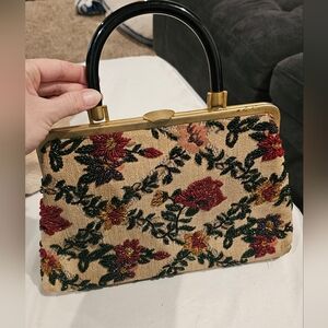 Floral Embroidered/Beaded Carpet Handbag with Black Handle